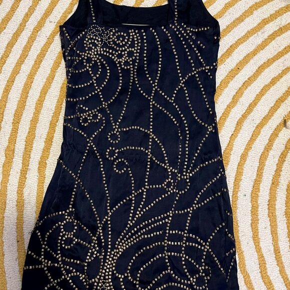 Badgely Mischka Navy Blue Silk Minidress with Gold Embellishments - Picture 2 of 7